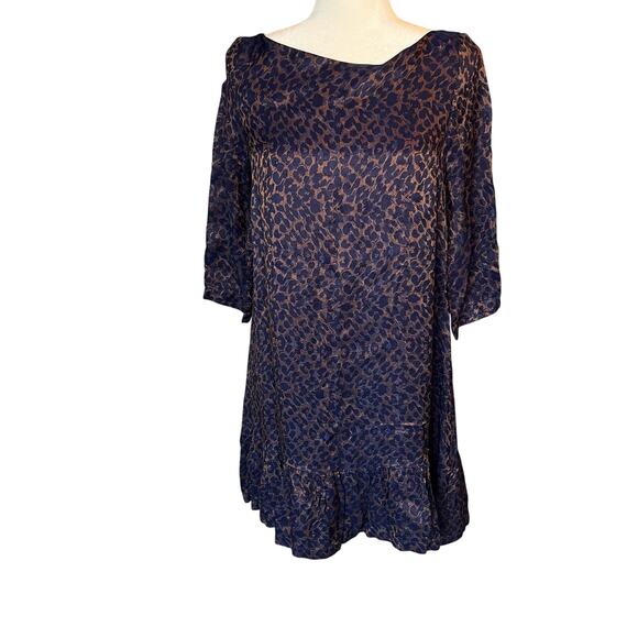 Sezane Auberie Jacquard Leopard Print Ruffle Hem Shift Dress Blue 4 - Picture 1 of 6